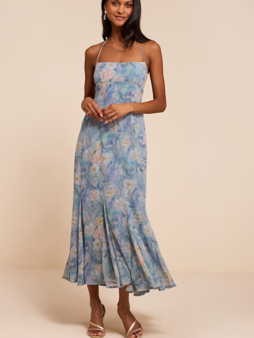 Lulus Zaida Light Blue Multi Floral Halter Midi Dress - Size S